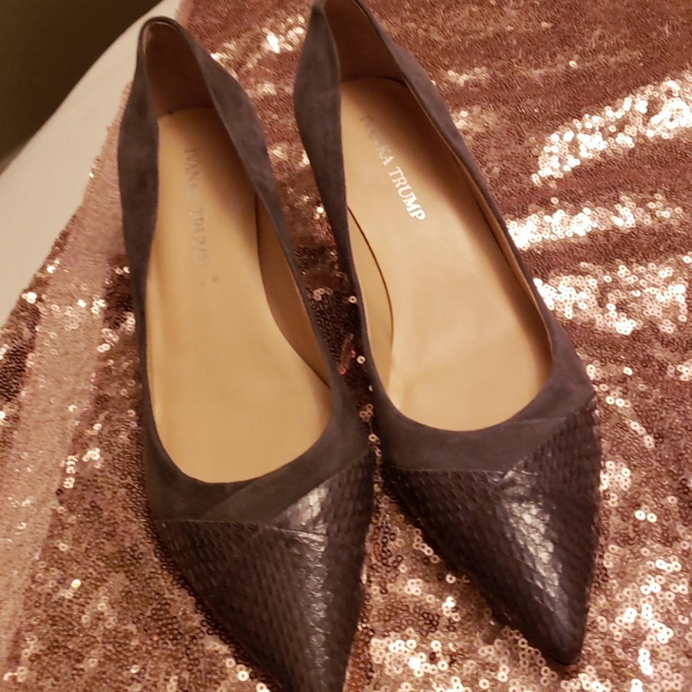 Gray suede and leather kitten heels